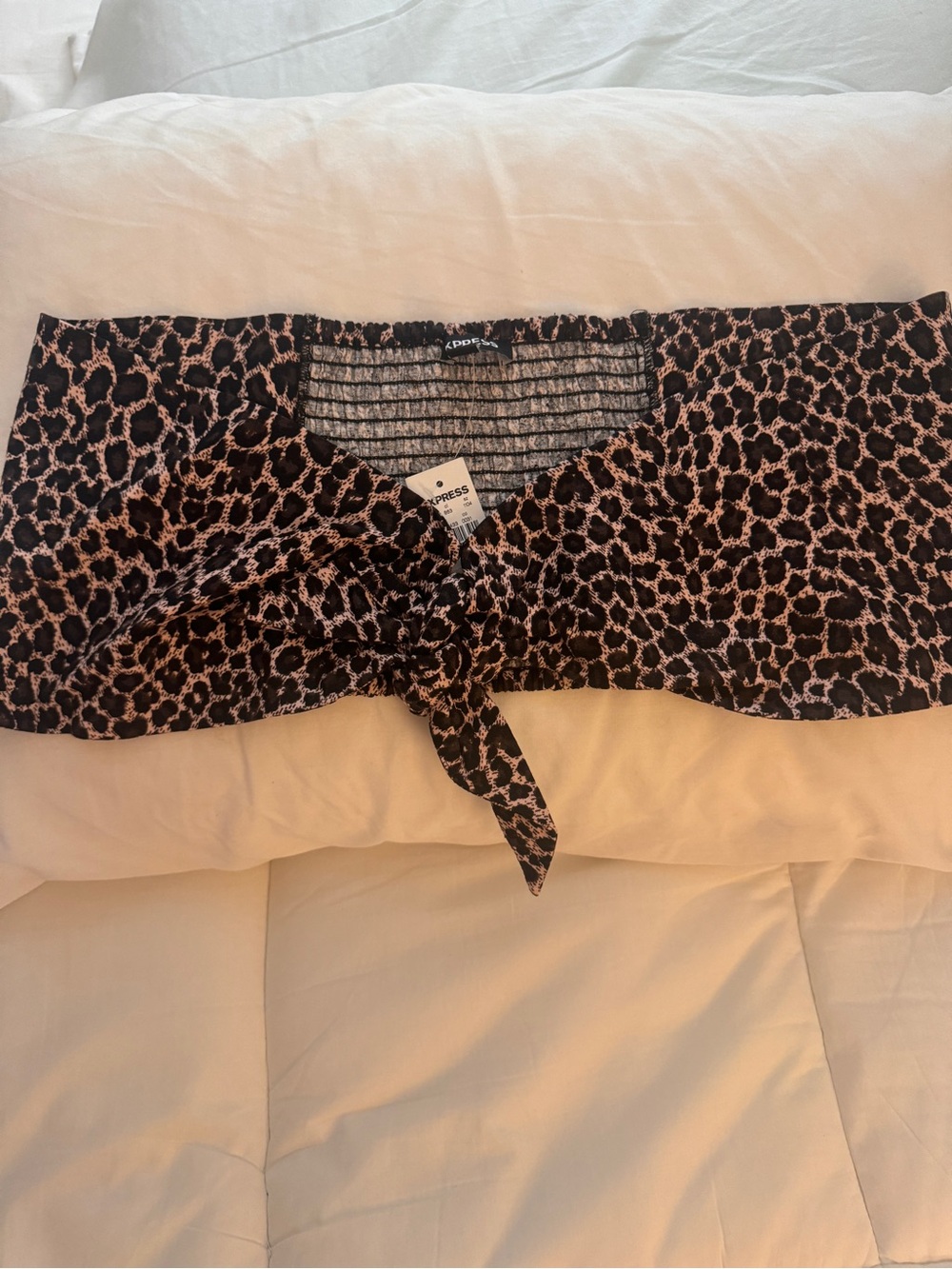 Express Leopard-Print Tie Front Crop Top - Black & Tan